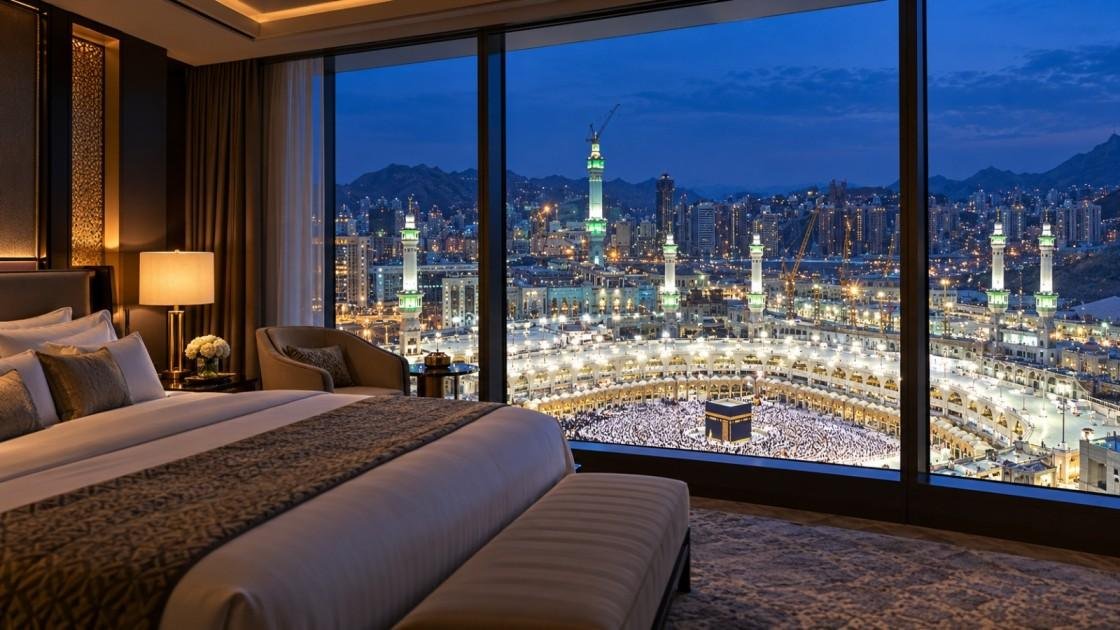 View of the Haram in Makkah from a hotel room window during December Umrah