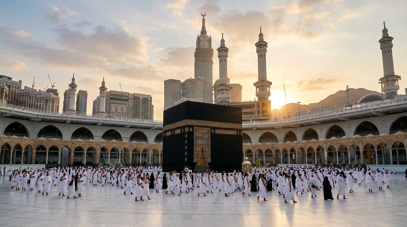 Breathtaking sunrise over the Holy Kaaba in Makkah for Umrah pilgrims