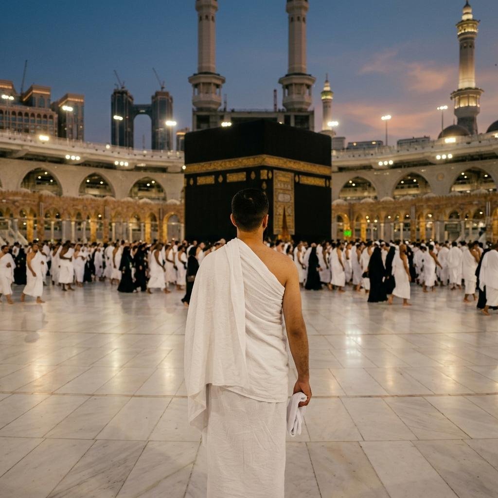 British Muslim pilgrims performing Tawaf during Umrah at the Kaaba in Makkah